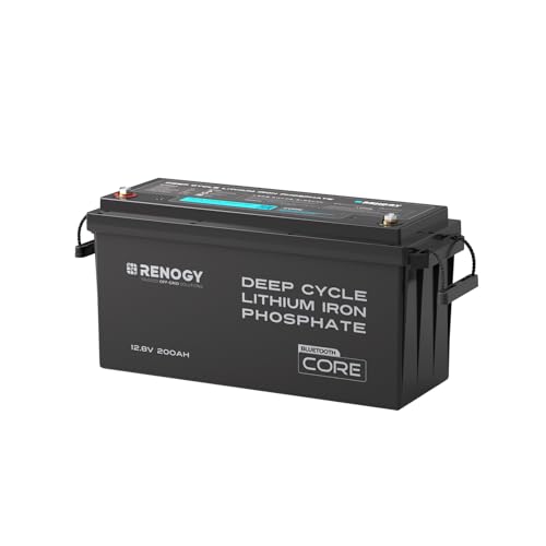 Renogy 12V 200Ah Bluetooth Lifepo4 Battery, Bulit in 200A BMS Lithium Deep Cycle Battery, 400A Peak Power Surge for Off Grid Life, Backup Power for RV, Camping, Cabin, Marine