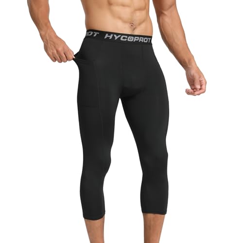 HYCOPROT Men's 3/4 Compression Pants with Pockets Running Workout Athletic Tights Capri Leggings Base Layer Basketball Gym2