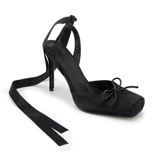 GOGD Satin Ballet Heels Lace Up Closed Square Toe Stiletto High Bow Ballerina Slingback Pumps Strappy Mary Jane Elegant Shoes Black