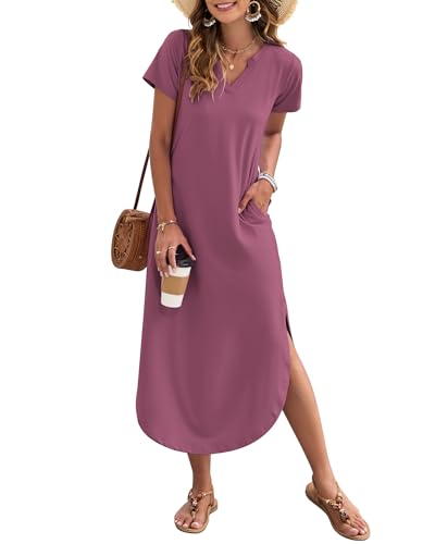 Image of MISFAY Women's Summer Maxi Dress 2026 Casual Short Sleeves V Neck Loose Sundress Split Long Beach T Shirt Dress