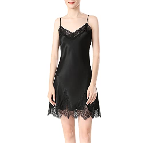 Chemise de nuit en soie 19 momme avec dentelle blanche en V