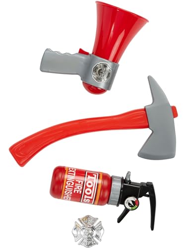 Include kit di giocattoli per vigili del fuoco, estintore, distintivo, megafono e martello