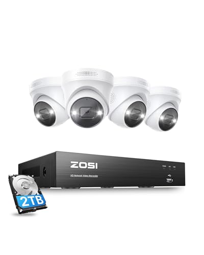 ZOSI 4K 8CH Kit de Cámara de Seguridad PoE, 4pcs 8MP Cámara de Vigilancia IP, H.265+ NVR Con 2TB HDD, Visión Nocturna, Detección de Personas