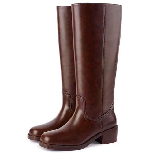 Image of Gothictor Women's Banana Knee High Boots Square Toe Chunky Block Heel Comfortable Low Heel Pull on Wide Calf Riding Long Boots for Women