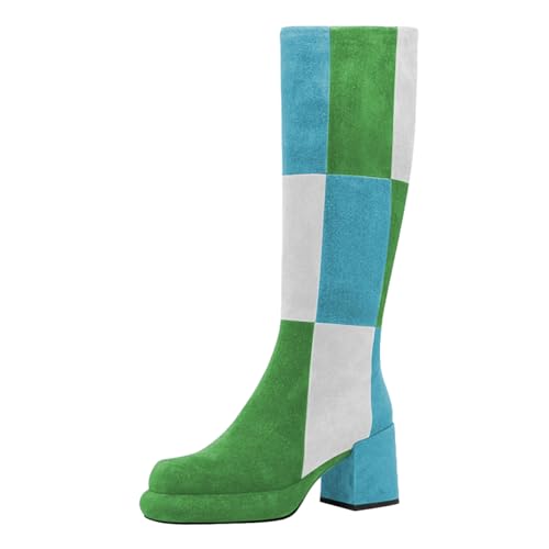 miss left Women Platform Knee High Boots Closed Round Toe Mid Chunky Heel Patchwork Winter Fall Boot Side Zip Dressy Daily Casual Party Walking Shoes Size 4-16 US