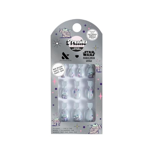 Olive & June Pressies Kids Press-On Nails (No Glue) | Star Wars: The Mandalorian & Grogu | 28 Fake Nails 14 Sizes 1 Nail File | Easy Mani Non-Toxic Tabs | XS/S Round | The Snack Force is Strong