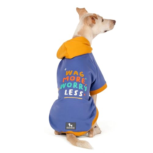 Image of HUFT Wag More Worry Less Colour Block Hoodie - Blue (2XL) | Cozy Winter Clothes & Hoodie for Extra-Large Dogs | Stylish & Comfortable Pet Sweatshirt for Labradors, Golden Retrievers & Large Breeds