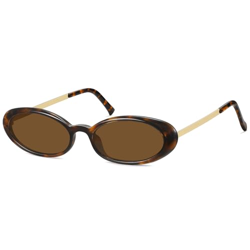 Fozono Retro Oval Sunglasses for Women,Trendy Cat Eye 90s Small Sunnies Narrow Shades UV Protection Tortoise Frame/Brown Lens