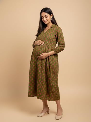 Image of The Mom Store Maternity and Nursing Dress | Pre and Post Pregnancy Dress for Womens | Zipper /Button Opening | Causal Wear | Trendy Stylish Causal Dresses for New Moms