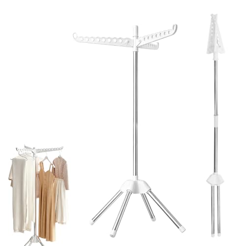 MIUUIPI Étendoir à linge pliable peu encombrant - 3 bras rotatifs pour cintres et chaussettes, 4 pieds - Portant à vêtements en acier inoxydable - Extensible - 140 cm - Pour l'intérieur et l'extérieur
