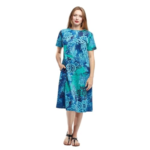 Image of LA CERA Women's Cotton Sun Dresses A-Line with Scoop Neck, Short Sleeves, Side Pockets, Floral Patterns, Machine Wash