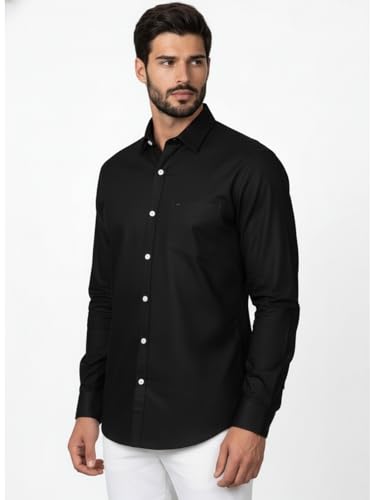 Image of Full Sleeve Black Formal Shirt for Men Cotton Regular Fit Casual - Pure Premium Branded Shirts for Men Formal Stylish Slim Plain Solid Man Wear as Office and Party