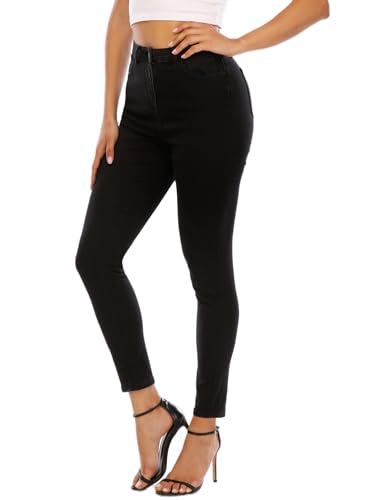 Ecupper Jeans Femme Taille Haute Slim Skinny avec Poches Pantalon Stretch Classique Noire-1 Bouton 2XL