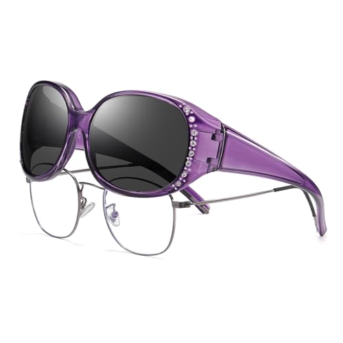 HAOLOTA Womens Polarized Fit Over Sunglasses with Rhinestone Sun Glasses for Prescription Glasses UV400 Protection