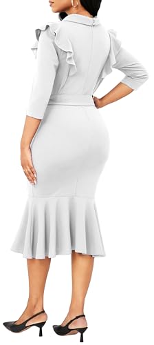Image of SxClub Elegant Dress for Women Sexy 3 /4 Sleeve Business Knee Length Dresses Fishtail Zipper Belt
