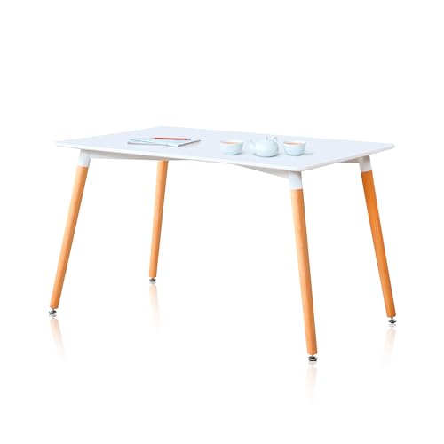 Nordika, Mesa Fija de Comedor, Mesa Comedor Rectangular, Salon o Cocina, Acabado en Blanco y Haya, Medidas: 140 cm (Largo) x 80 cm (Ancho) x 75 cm (Alto)