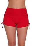 Halcurt Women's High Waisted Swim Board Shorts (Available in Plus) Tummy Control Side Drawstring Swimsuit Bottoms Solid Red XS