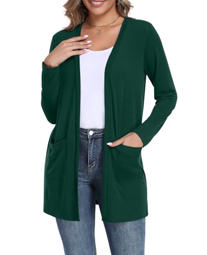 Womens Casual Lightweight Cardigans Long Sleeve Open Front Cardigan with Pockets (Dark Green, XL)