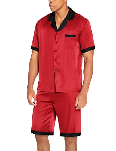 Image of Ekouaer Mens Satin Pajamas Set Button-Down Short /Long Sleeve Shirt Top Soft Silk Sleepwear Loose Pocket Pant Loungewear