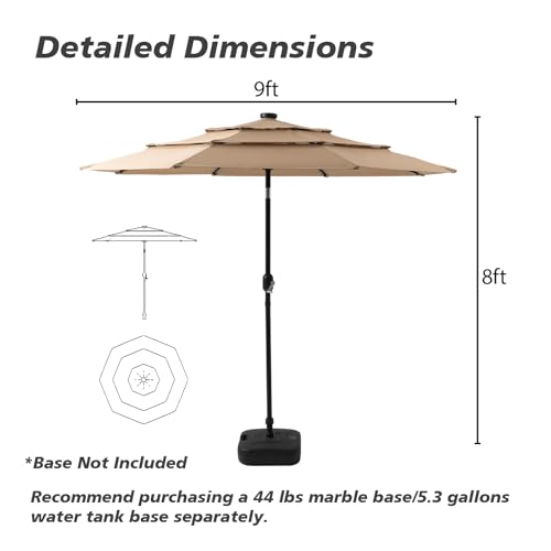 HOMPUS 9FT 3 Tiers Solar LED Patio Umbrella for Outside, Outdoor Market Umbrella with Push Button Tilt, Sun Umbrella Aluminum Patio Umbrella with 32 LEDs for Backyard, Deck, Garden, Khaki