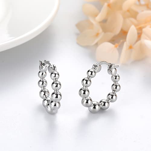 Nupdot Chunky Silver Hoop Earrings For Women | Thick 925 Sterling Silver Post Beaded Ball Huggies Earrings Lightweight Hypoallergenic Hoops Jewelry Gifts. 12Mm #TOP3