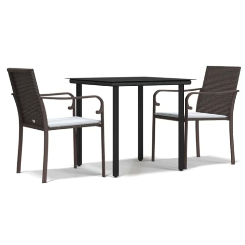 HETFTJN Salon de Jardin 3 Pièces, Ensemble Repas en Résine Tressée avec 1 Table en Verre et 2 Fauteuils avec Coussins pour Terrasse, Balcon et Extérieur, Marron et Noir