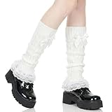 FDHBDF Leg Warmers Y2K, Kniehohe Beinstulpen mit Schleife und Spitze, Gestrickte Stulpen Damen Mädchen, Weiche Beinwärmer für Lolita Kostüm, Party, Alltag und Geschenke (Weiß)