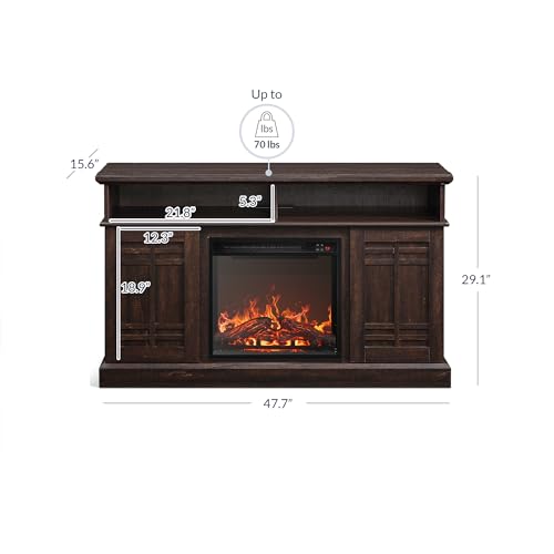 BELLEZE 48" TV Stand with 18" Electric Fireplace Heater, Modern TV Stand for TVs up to 50", Entertainment Media Stand with Open Shelves and Storage Cabinets for Living Room, Bedroom (Espresso)
