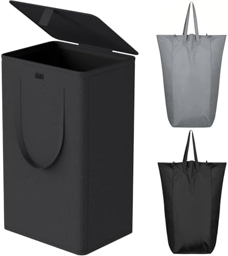 WOWLIVE 100L Laundry Hamper with Lid Large Foldable with 2 Removable Bags – Black
