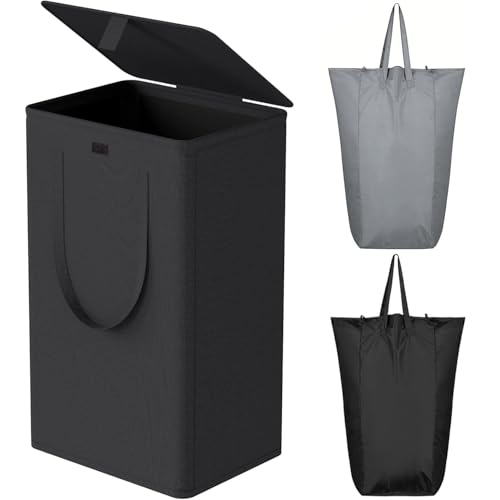 WOWLIVE 100L Laundry Hamper with Lid, Large Foldbale Laundry Basket with 2 Removable Bags and...