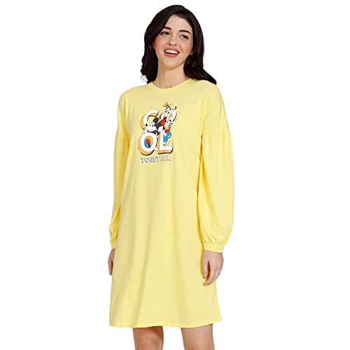 Image of Zivame Mickey & Friends Knit Cotton Knee Length Nightdress - Lemon Drop