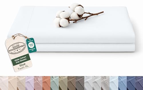 Royale Linens 100% Organic Cotton Twin XL Size Flat Sheet Only - Percale Top Sheets - Twin XL Flat Sheet Sold Separately - Lightweight & Super Soft 100% Cotton White Bed Sheets Only (66" x 102" White)