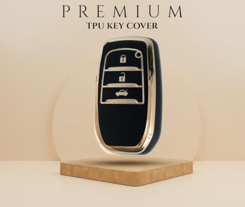 Image of TPU Car Key Cover Black & Golden Compatible for Toyota Fortuner, Legender, Innova Crysta, HyCross, Land Cruiser, Hilux (Toyota, 3 Button Push Smart Key)