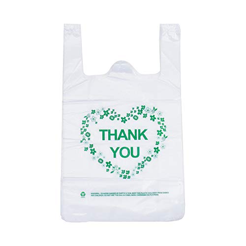 Big Sale LazyMe Thank You T Shirt Bags Plastic Grocery Bags White Sturdy Handled Merchandise Bags,Standard Supermarket Size, 12 x 20 inch (50 pcs)