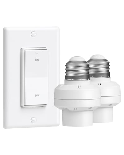 TREEWELL Remote Control Light Bulb Socket Decorator Rocker Wall Switch 200FT Range Wireless Light Switch for Pull Chain Light Fixture E26 E27 Base No Wiring Needed (1 Wall Switch and 2 Sockets)