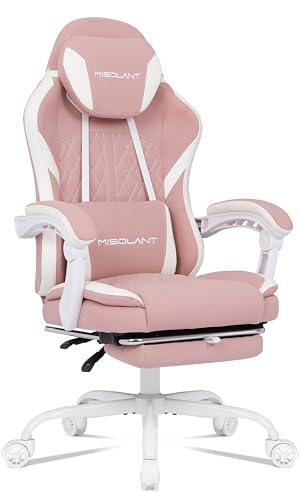Image of Misolant Gaming Chair, Fabric Gamer Chair with footrest for Adults, High Back Ergonomic Computer Game Chair with Adjustable Headrest and Massage Lumbar Support, 90-155 Recline Free, Pink