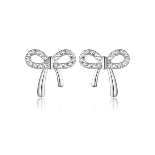 Reffeer Solid 925 Sterling Silver CZ Bow Stud Earrings for Women Teens Ribbon Stud Earrings Bowknot