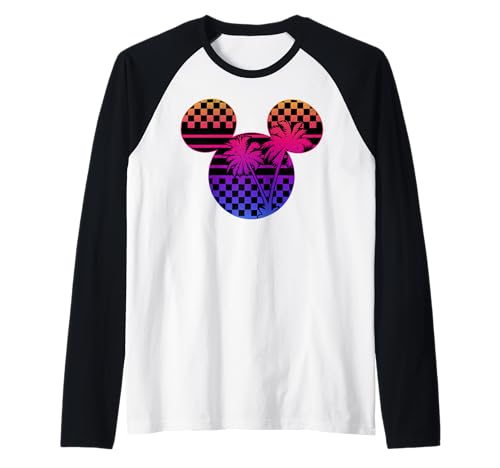 T-shirt raglan Mickey Disney avec motif damier dégradé et palmiers
