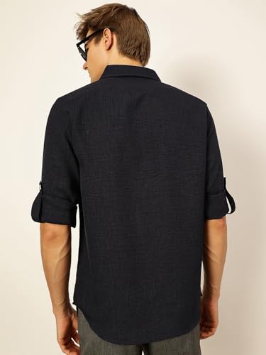 Image of Thomas Scott Men's | Solid | Textured Fabric | Full Sleeve | Slim Fit | Polyester-Blend | Spread Collar | Casual Shirt