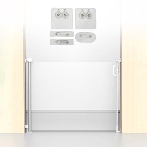 Image of Kids Station Retractable Safety Gate for Babies with Glass Mounting Stickers - Baby Proof Safety - Pet Safety Gate for Stairs and Doorways - Height 90cm or 2.9ft, Expandable to 140cm or 4.6ft (White)