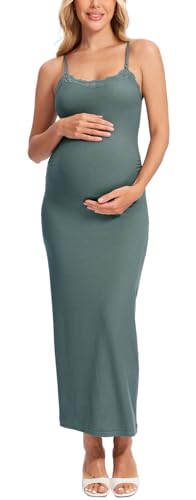 MOMANDA Women’s Maternity Dress Ribbed Nursing Nightgowns with Built in Bra Sleeveless Bodycon Dresses for Breastfeeding Midnight Emerald XX-Large