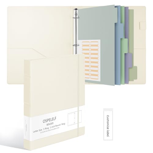Ospelelf Vintage Hardcover 3 Ring 1 inch Leather Binder Professional Binders Organizer Suitable for Letter Size Documents Binder Dividers with Tabs Beige