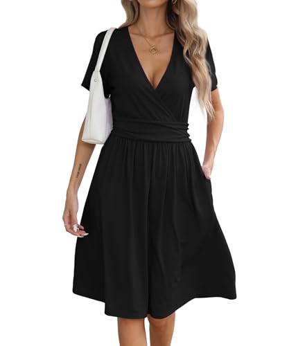 Image of KUOTAI Women's Summer Short Sleeve Casual Dresses Wrap V Neck Beach Outfits Party Flowy Dress with Pockets, Black, Small
