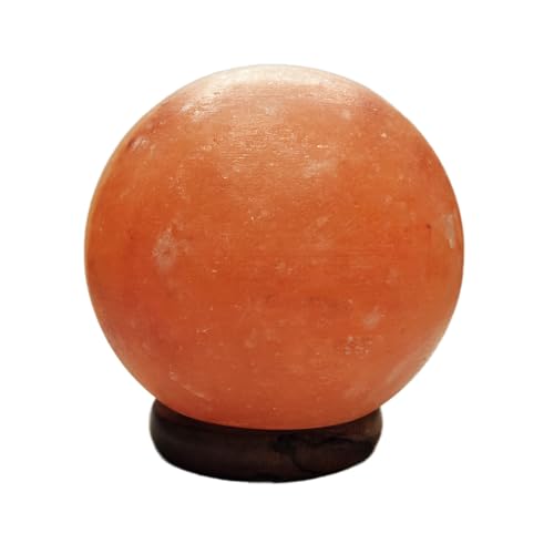 Lámpara de Sal del Himalaya con formas, con Base de Madera, Cable y Bombilla - Natural 100% - Hecha a Mano. (ESFERA)