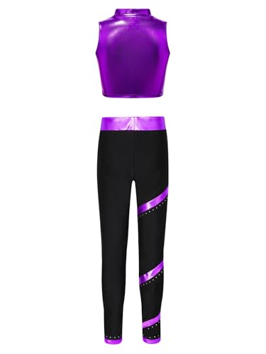 easyforever Kids Girls Sport Outfits Mock Neck Metallic Crop Top With Shiny Striped Pants Jazz Hip-hop Dance Workout Outfits Purple 6 Years2