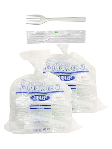 ストリックスデザイン 使い捨てフォーク 100本 160mm ホワイト バイオマス プラスチックフォーク 環境配慮 丈夫 業務用 大容量 SD-741 (× 2)