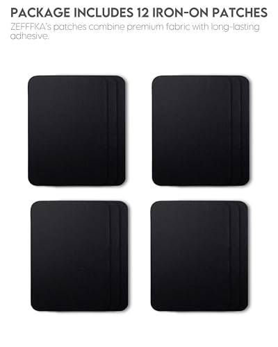 ZEFFFKA Fabric Iron-on Patches Inside & Outside Strongest Glue 100% Cotton Black Repair Decorating Kit 12 Pieces Size 3" by 4-1/4" (7.5 cm x 10.5 cm)