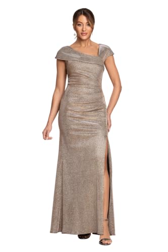 Image of Xscape Women's Long Bodycon Formal Evening Gown with Cap Sleeves, Asymmetrical Neckline, Ruched Bodice and Front Slit