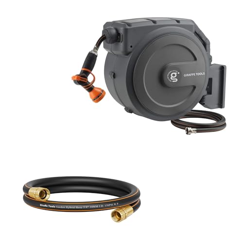Giraffe Tools Leader Hose 10ft x 5/8", Short Water Hose Heavy Duty for Hose Reel with Double Female Fittings and Retractable Garden Hose Reel 1/2 Inch x 130 ft, Super Heavy Duty, Any Length Lock