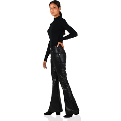 Laverapelle Women's Genuine Lambskin Skinny Flare Leather Pants (Black, Leather Jeans) - 24240033